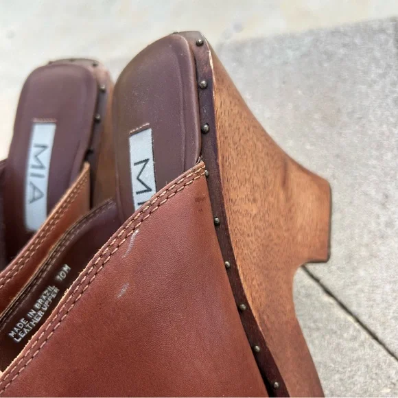 MIA Wooden Leather Studded Platform Heel Mule Clog Shoes Brown 10 - Picture 13 of 16